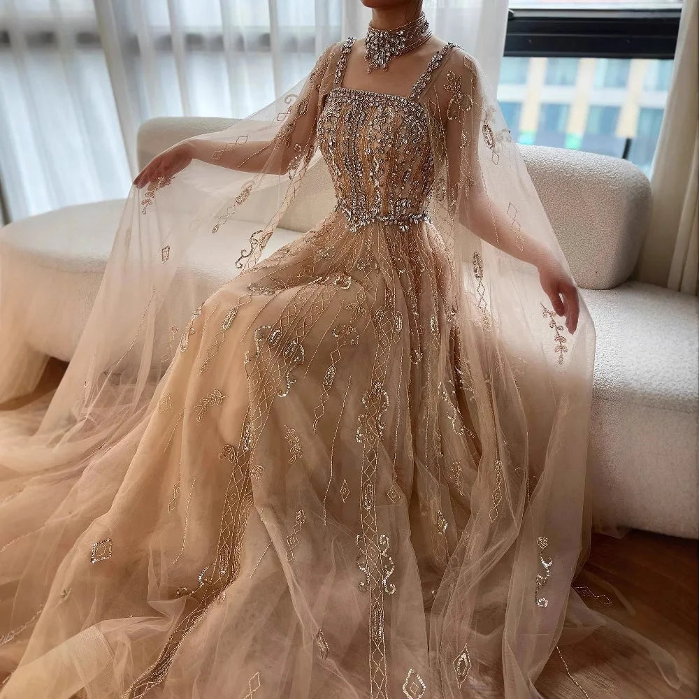 Serene Hill 2025 Arabic Nude A Line Cape Sleeve Crystal Beaded Luxury Evening Dresses Gowns Formal Occasion Customize BLA72764