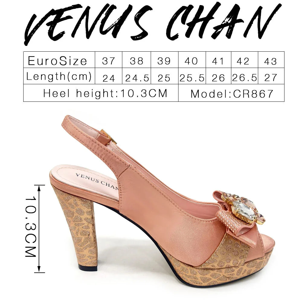 Venus Chan Nigerian Women Heel Party Shoes and Bag Set Royal Blue Colour Rhinestone Handbag Italian Design Wedding INS 2024