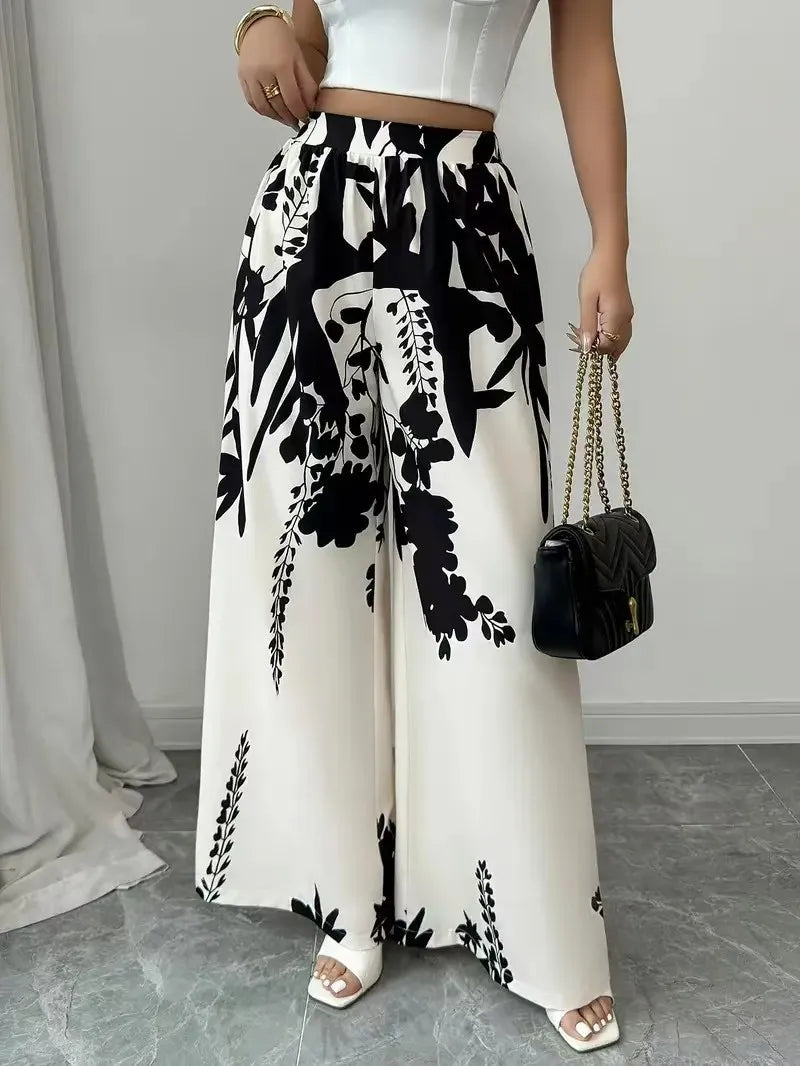 2025 women's fashion printed, lace-up, waist-cinching, slim-fit casual trousers for women