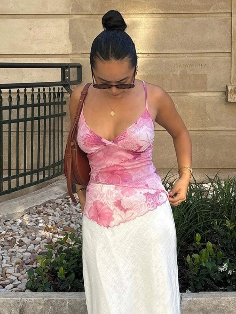 Floral Print Sexy Tops For Women Fashion Edgy Clothes Y2k Accessories Spaghetti Strap Crop Top Chiffon Camison Verano Ropa Mujer SwiftNest