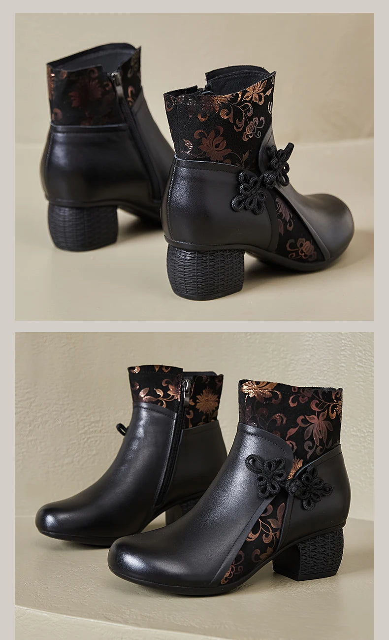 GKTINOO Genuine Leather Ankle Boots 2025 Winter New Ethnic Printed Women's Boots Soft Soles Thick Heels Mother's Leather Boots