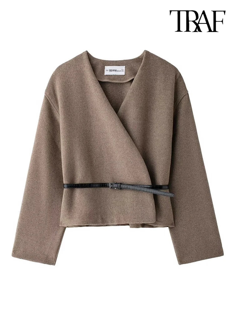 Women's Fashion 2024 fall and winter new elegant high street with belt loose V-neck solid color long-sleeved warm jacket