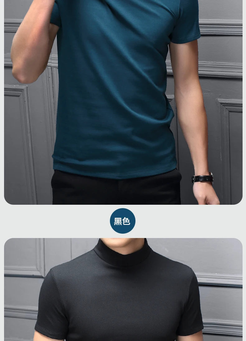 Mens Fashion T-shirt Mock Turtleneck Solid Knit Pullover Sweater Short Sleeve Casual Solid Color Dating Slim Fit Tops Undershirt