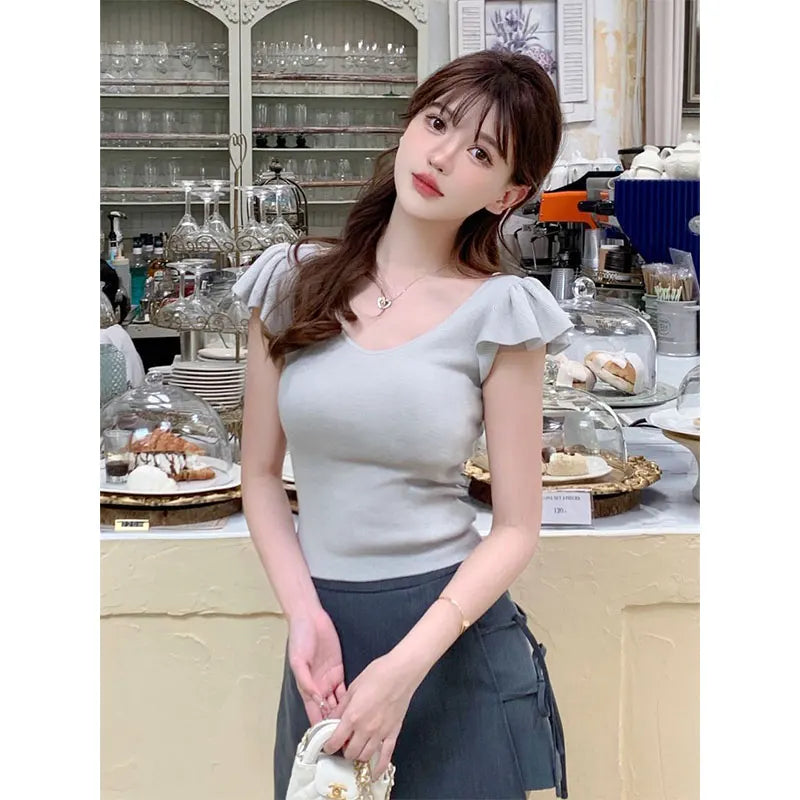 Women Clothes Summer Casual Fashion Simplicity Solid Color V-neck Tops Women's Trend All-match Sweet Temperament Slim T-Shirt SwiftNest