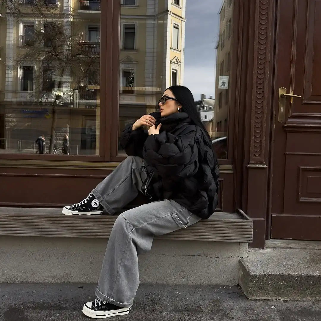 Women Fashion Solid Stand Collar Short Cotton Coat Casual Full Sleeve Zipper Pocket Loose Warm Jacket Lady Winter  Commute Wear