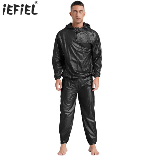 Mens Sports Outfits Sauna Sweat Sets Long Sleeve Hooded Jacket Outerwear and Long Pants PVC Sweating Suit for Gym Workout Yoga
