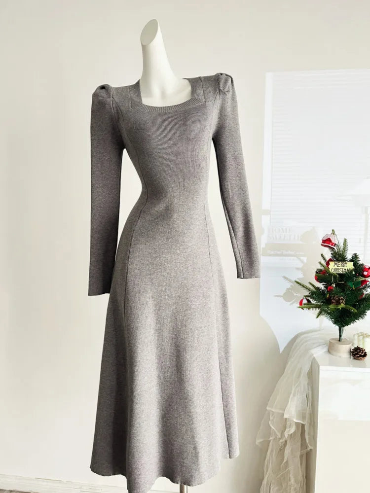 French Fashion Casual Women Inside Knitted Long Dress 2025 Spring New Long Sleeves Elegant Party Dresses Simple Vestidos Largos SwiftNest