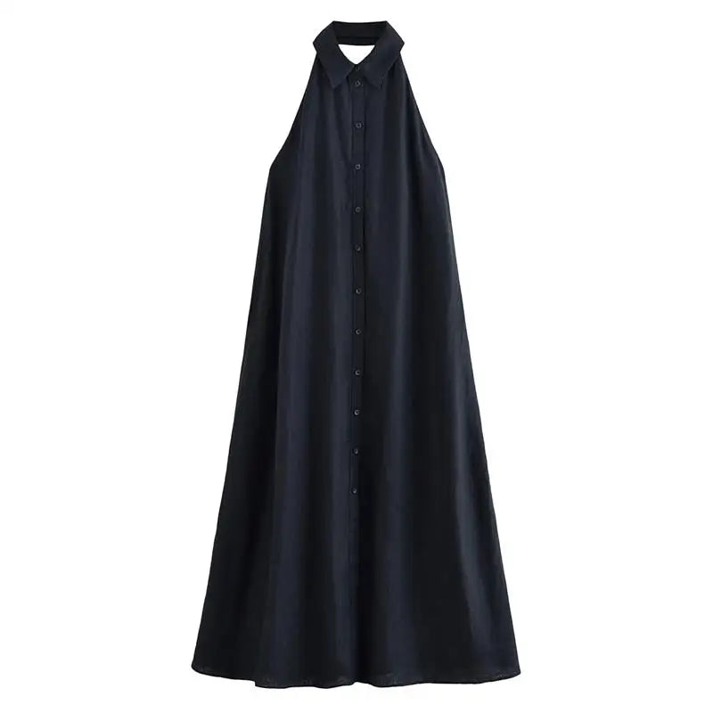 Women's 2025 New Dresses Summer Chic Elegant Loose Hanging Neck Long Dress Women's Holiday Street Fashion Youth Dress