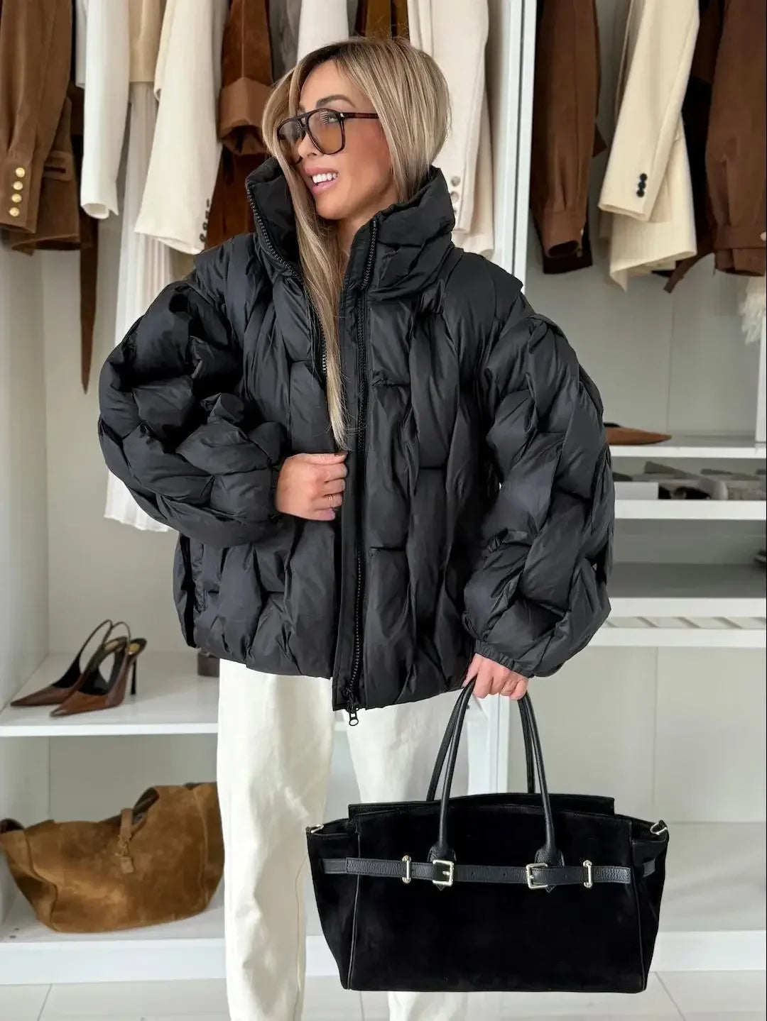 Women Fashion Solid Stand Collar Short Cotton Coat Casual Full Sleeve Zipper Pocket Loose Warm Jacket Lady Winter  Commute Wear