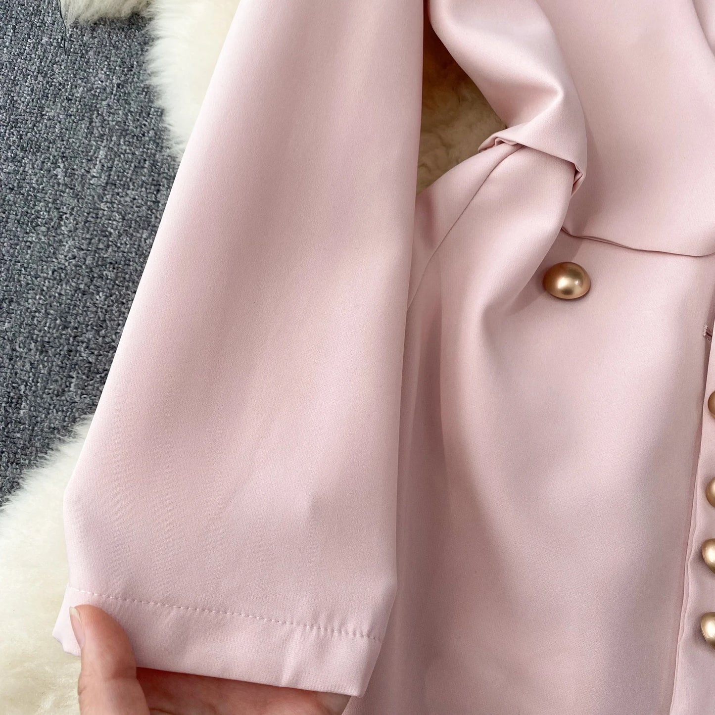 Women's Fashion Trendy Office Coat Dress Ladies Age Reduce Suit Collar Strap Tight Fit Short Pleated Long Sleeve Dress Coat