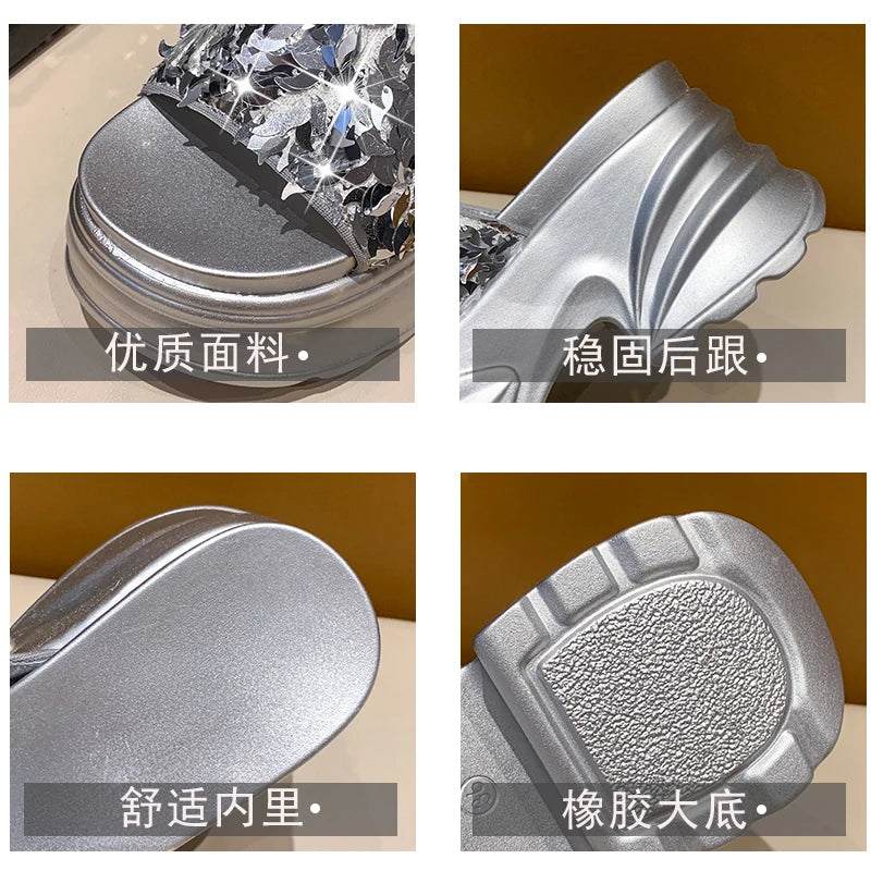 Aphixta Platform Sequined Cloth Sandals Slippers Women 8CM High Wedge Slides Women Shoes Gold Beach Slides Shoes