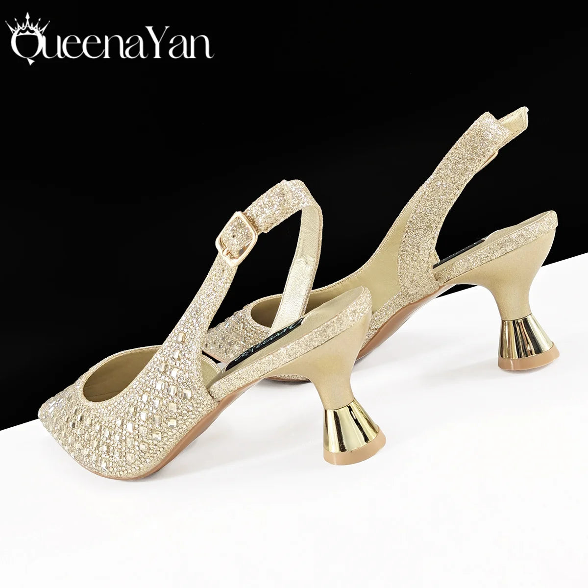 Queena Yan Italian Design Rhinestone Luxury Green Colour Pointed Toe Shoe & Bag Set Women's High Heels for Parties High Quality
