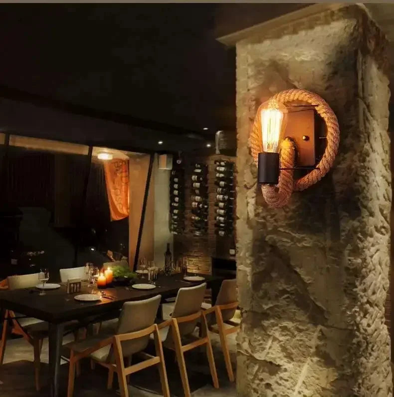 Bedside bedroom decorative wall lamp retro staircase hallway iron hemp rope lamp American industrial style Sconce lamp