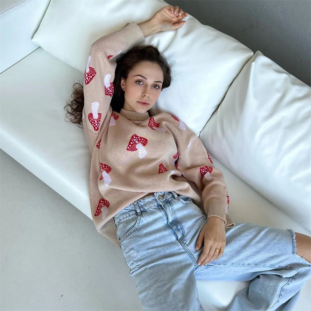 Women's Clothing Trend 2024 New Fashion Mushroom Graphic Print Sweater Long Sleeve Plus Size Tops Loose Casual Street Pullovers