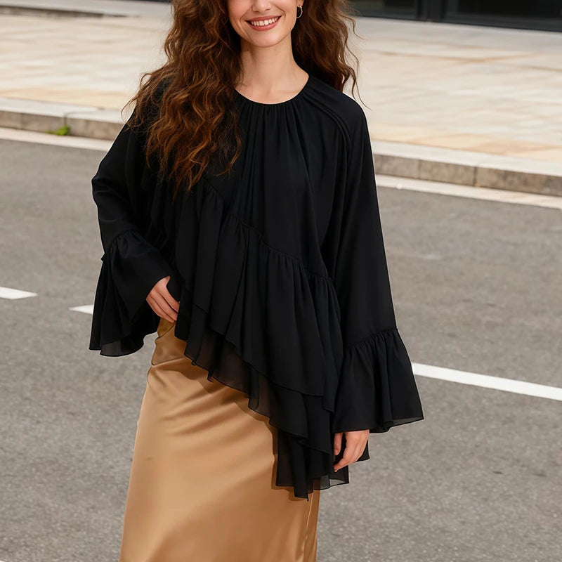 Womens Fashion Blouse Top With Ruffled Round Neck Long Sleeves And Asymmetrical Chiffon Shirt Autumn And Winter Casual Wear