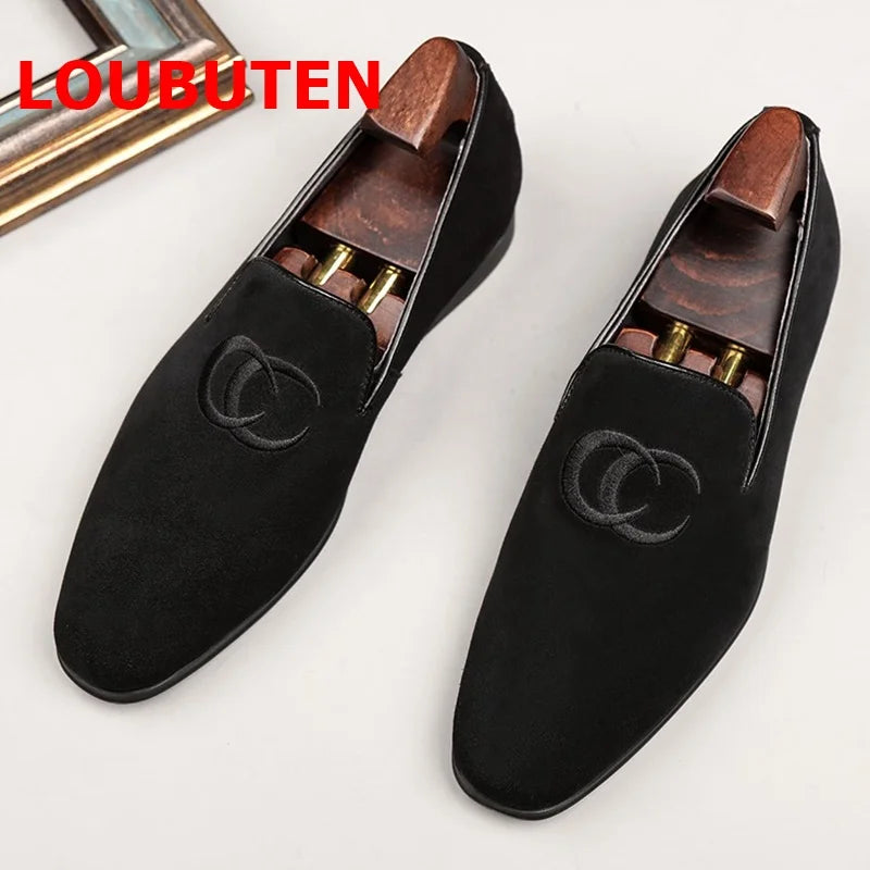 LOUBUTEN Men Suede Leather Shoes Fashion Embroidery Loafer Man Casual Shoes Handmade Dress Shoes Slippers Party Shoes