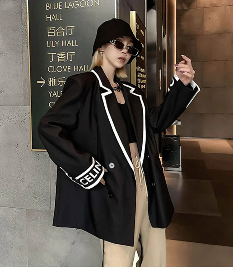 Women Fashion Jacket Wedding Casual Business High Quality Black Blazer Suit Coat Ladies Double Breasted Letter Long Sleeve Tops