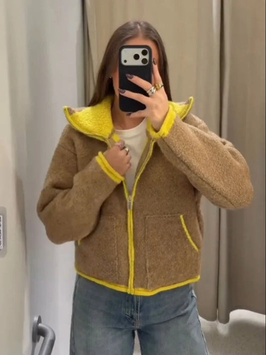 HH Women's Winter New Fashion Contrast Color Decorated Knitted Coat Female Simple Versatile Zipper Pocket Decorated Warm Jacket SwiftNest