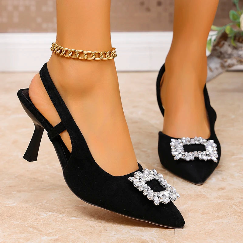 Crystal Square Buckle High Heels Sandals Women Spring Summer Slip On Pointed Toe Pumps Woman Thin Heel Party Wedding Shoes Mujer