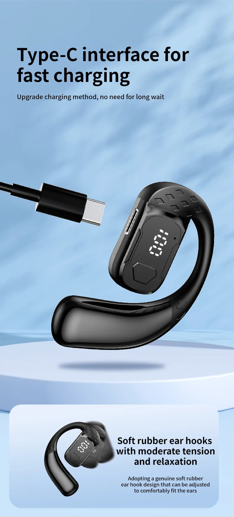 سماعة رأس لاسلكية بتقنية البلوتوث 5.4 مفتوحة بزاوية 180 درجة مع شاشة عرض LED للبطارية على كلا الأذنين وميكروفون وسماعة أذن