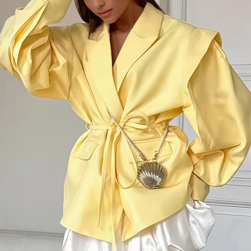 Womens Fashion Blazer Wide Shoulders Waist Tie Long Sleeve Blazer Stylish And Versatile Suitable For Workplace And Casual Wear