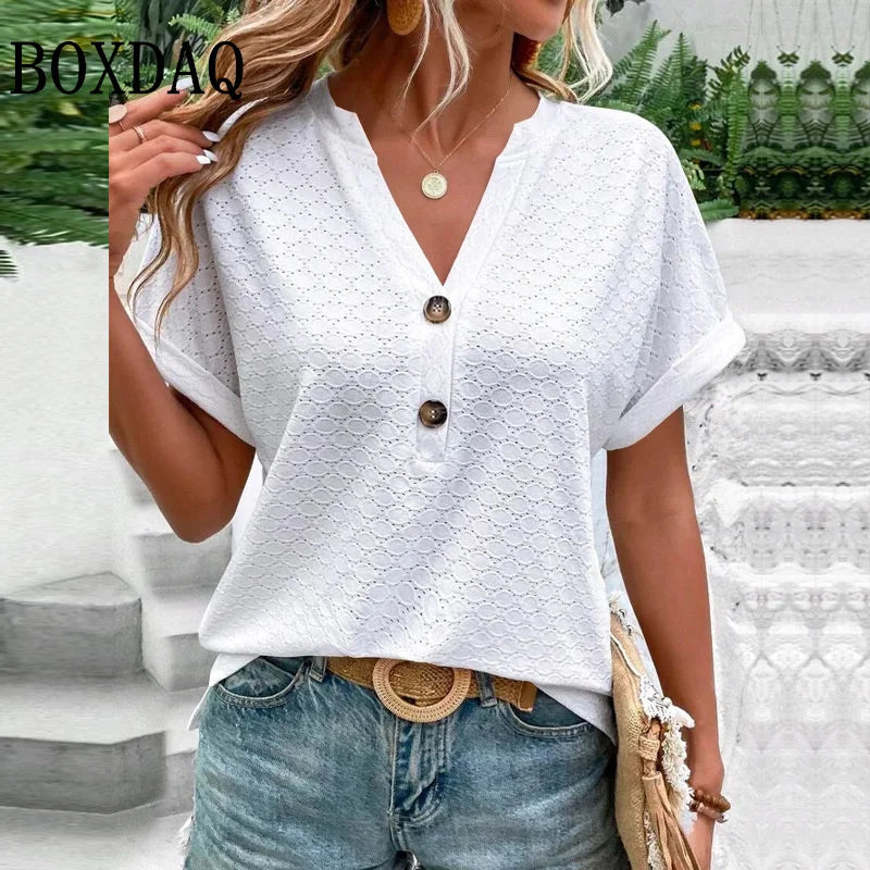 Women Summer Trendy Simple Casual Fashion Button T Shirt V Neck Short Sleeve Solid Loose Pullover Tops Plus Size Ropa De Mujer