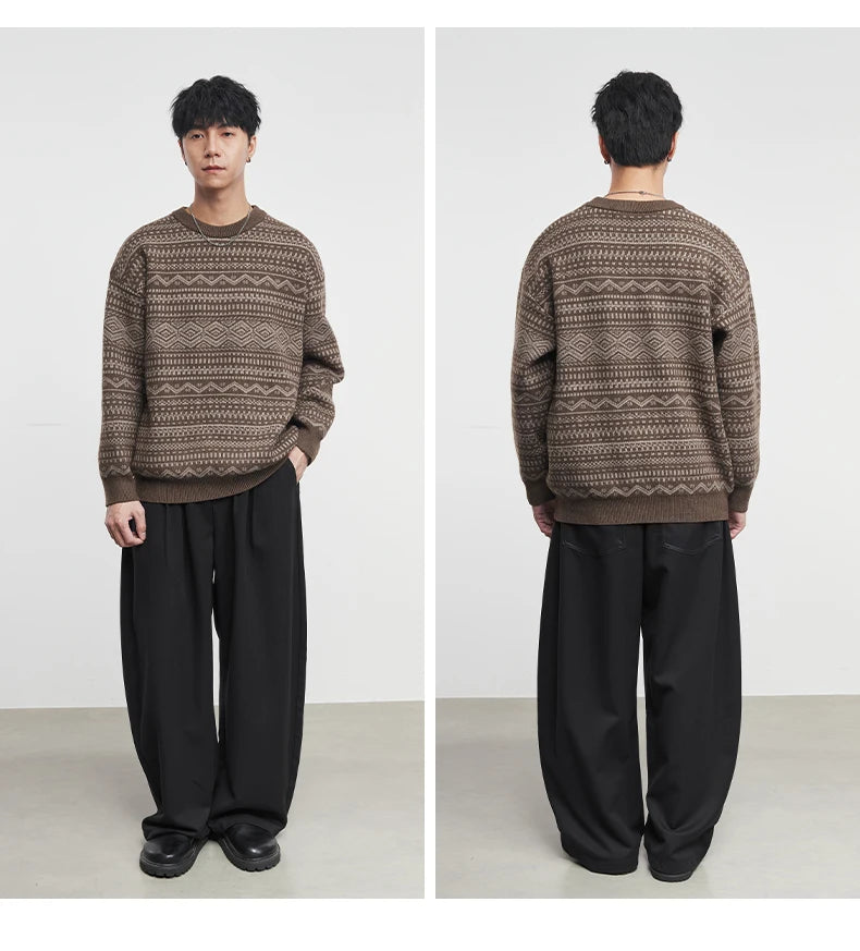 Fashion Men's Knitwear 2025 Autumn Winter New Season Lazy Fair Isle Contrast Retro Loose Crewneck Sweater Pullover