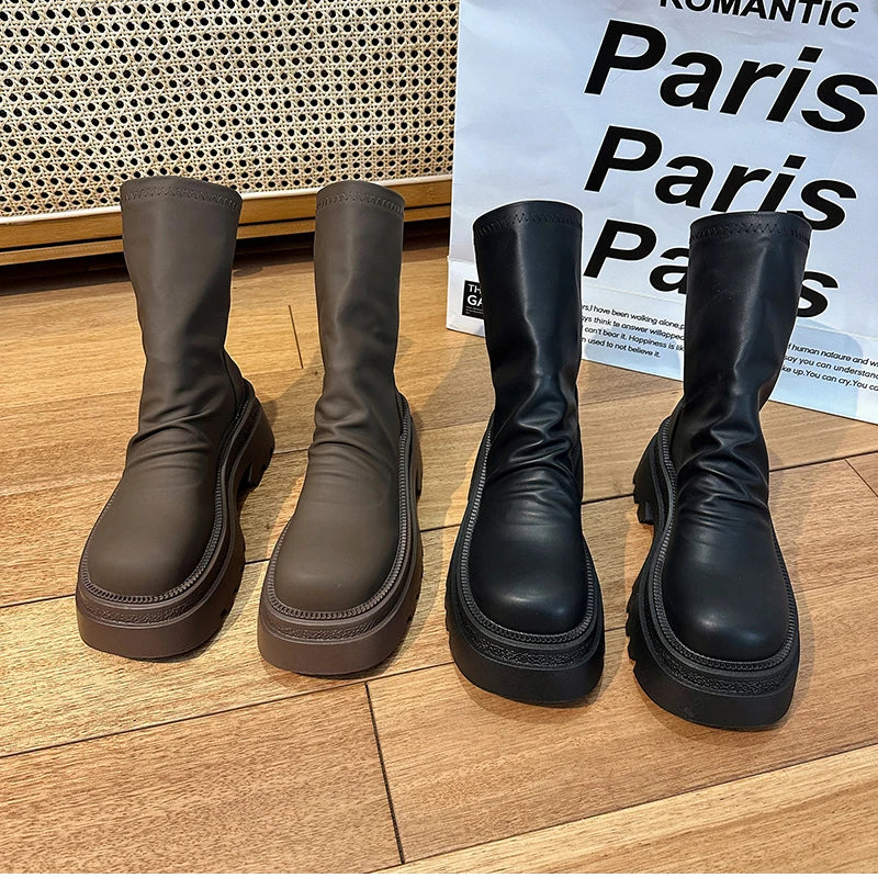 Platform Heel Women Short Booties Fashion Back Zippers Ankle Booties Retro Style Autumn Winter Female Shoes