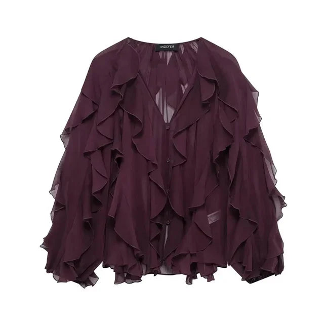 2025 New Fashion Sexy Women Translucent Ruffles Blouses V-neck Single Breasted Tierred Causal Tops Beach Style Solid Shirt SwiftNest