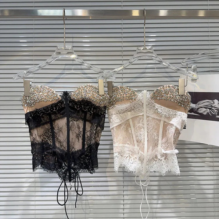 Women Versatile Fashion Outwear Vest 2025 Summer New Heavy Industry Rhinestone Nail Drill Fishbone Strapless Camisole