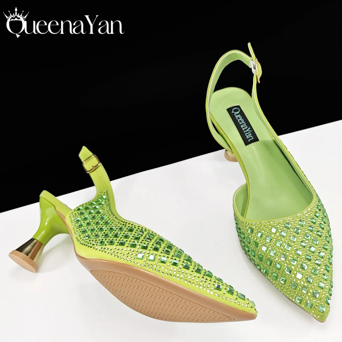 Queena Yan Italian Design Rhinestone Luxury Green Colour Pointed Toe Shoe & Bag Set Women's High Heels for Parties High Quality