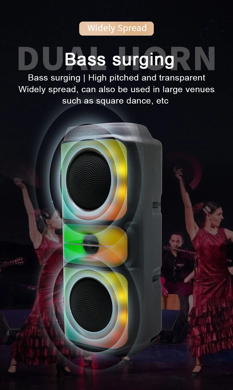 Super Large Outdoor Bluetooth Speaker RGB  Karaoke Double Horn Subwoofer Portable Wireless Column Bass Sound supports FM/TF