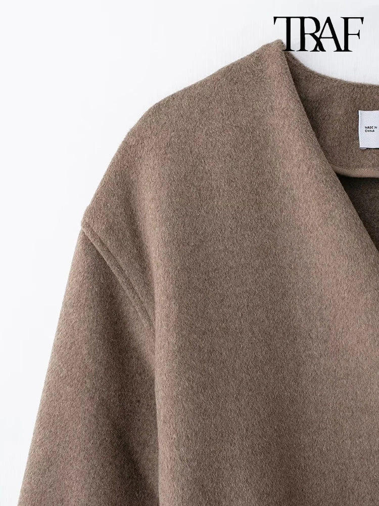 Women's Fashion 2024 fall and winter new elegant high street with belt loose V-neck solid color long-sleeved warm jacket