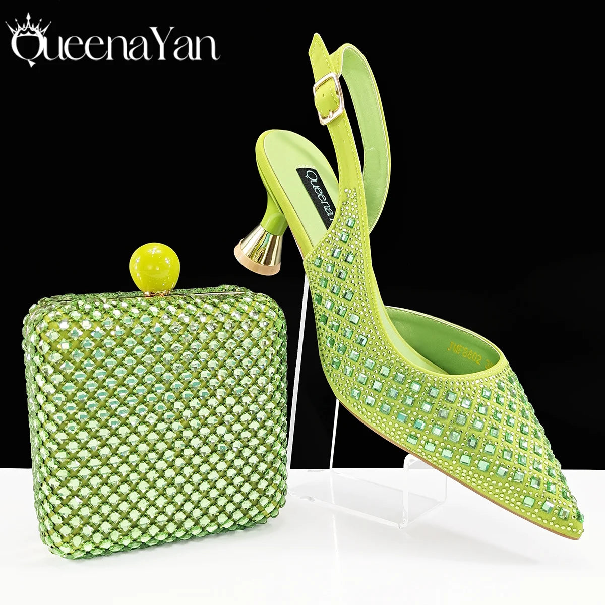 Queena Yan Italian Design Rhinestone Luxury Green Colour Pointed Toe Shoe & Bag Set Women's High Heels for Parties High Quality