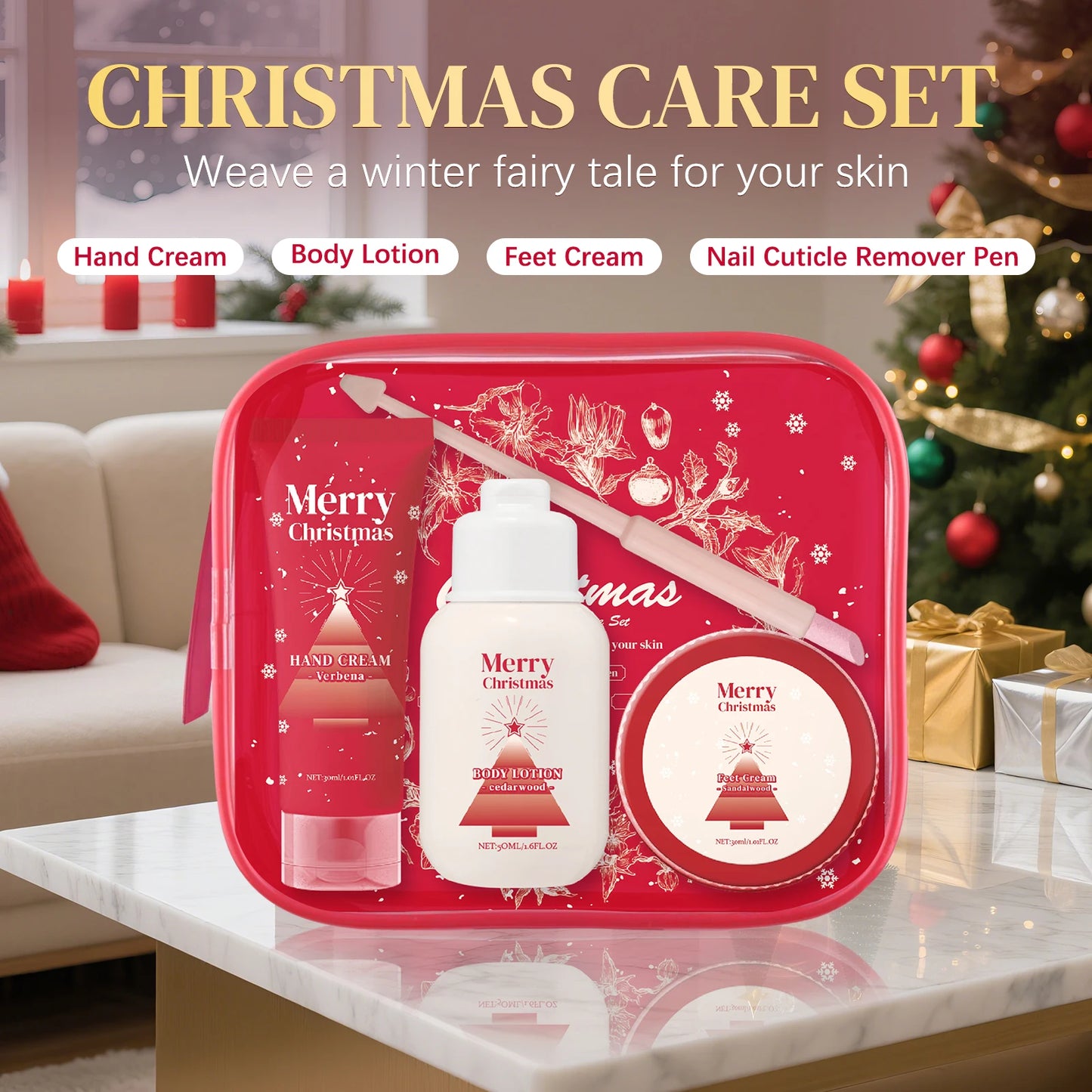 110ml Christmas Boay Care Gift Set Hand Cream Body Lotion Foot Cream & Nail Pen Moisturizing Winter Skin Care Kit for Women Men