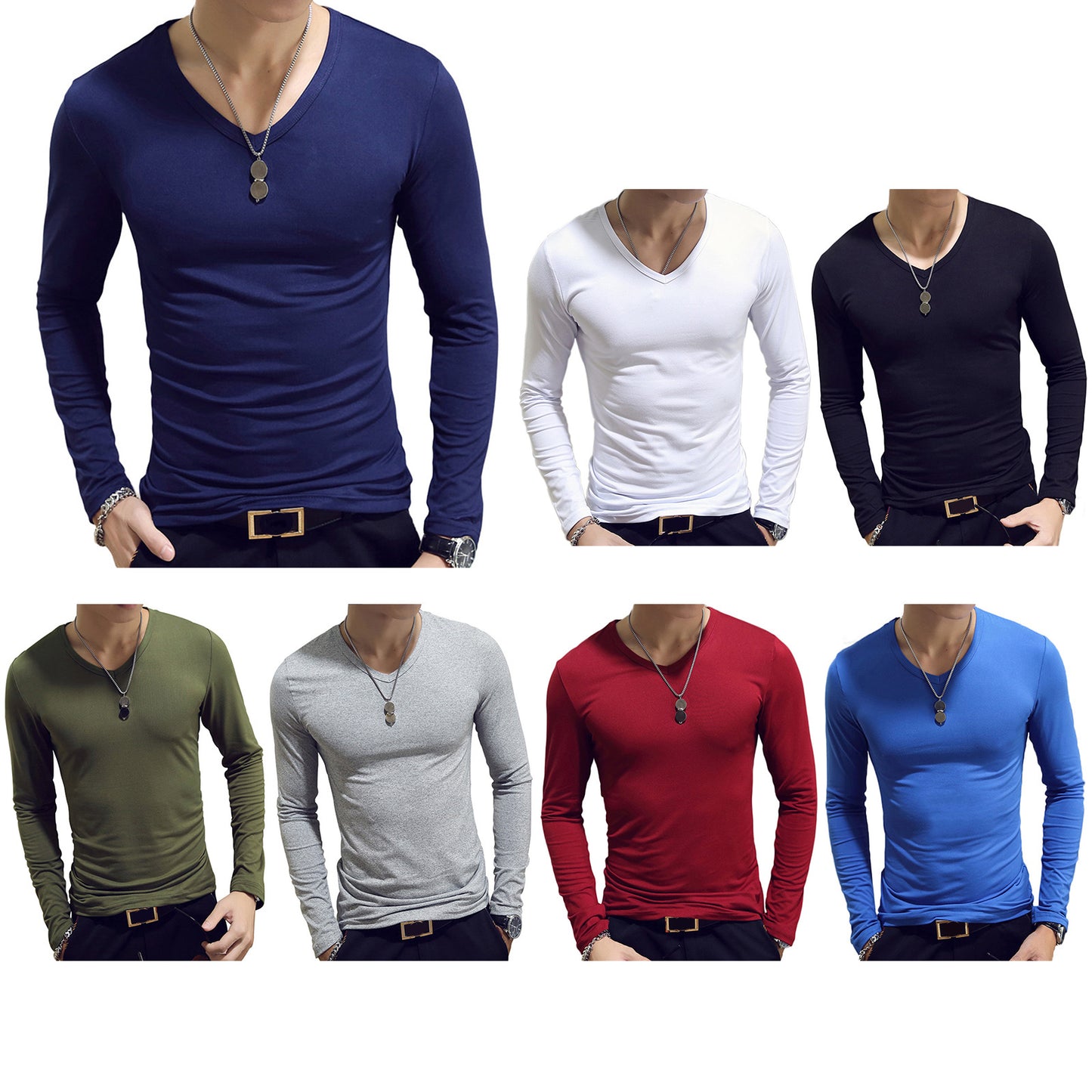 Mens Clothing Fashion V Neck Slim Fit T-shirt Long Sleeve Simple Classic Style Undershirt Casual Solid Color Tees Tops