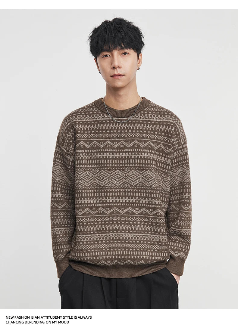 Fashion Men's Knitwear 2025 Autumn Winter New Season Lazy Fair Isle Contrast Retro Loose Crewneck Sweater Pullover