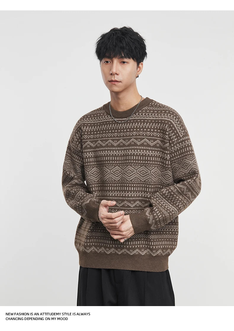 Fashion Men's Knitwear 2025 Autumn Winter New Season Lazy Fair Isle Contrast Retro Loose Crewneck Sweater Pullover
