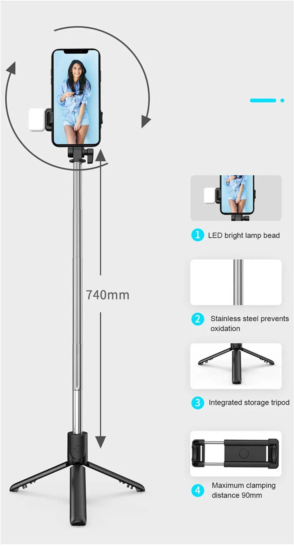 Cell Phone Selfie Stick Tripod Bluetooth Remote Wireless Selfi Stick Phone Holder Stand with Beauty Fill Light for Phone