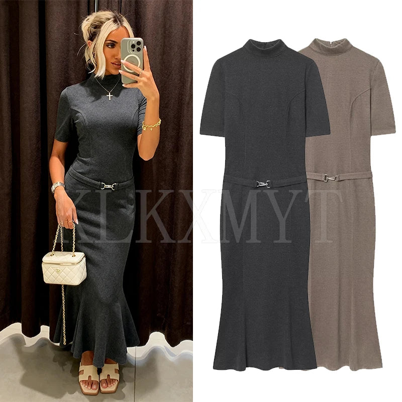 Woman Elegant Dress 2025 New Fashion With Belt Soft Women's Dresses Autumn Winter Dress Short Sleeve Stand Collar Casual Dress ﻿