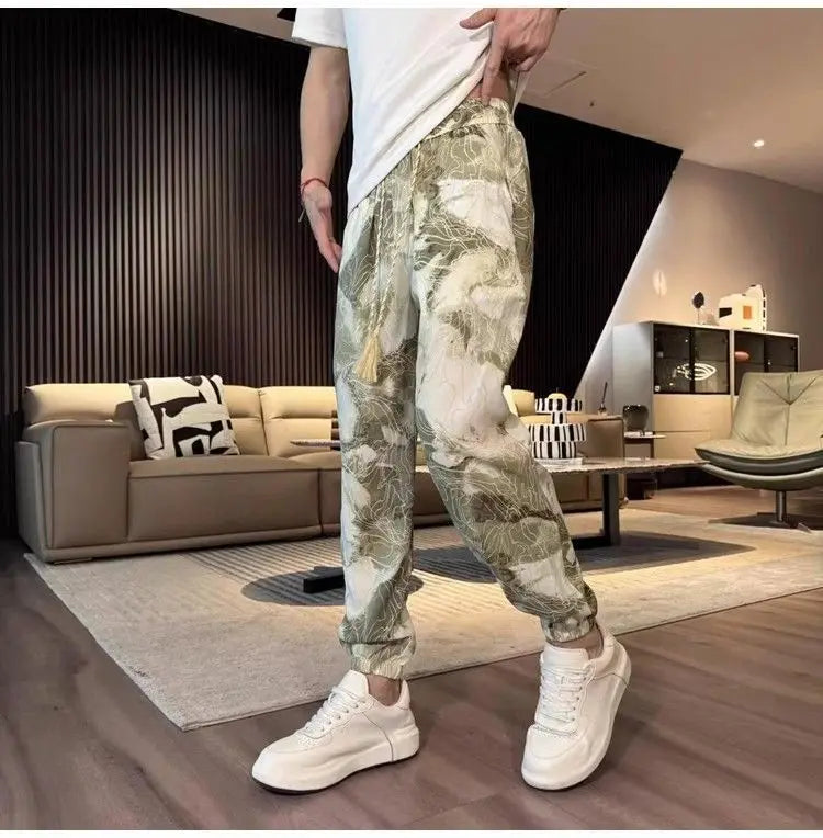 New Fashion  Spring Summer Men's  Straight Casual Pants Fashion Pocket Drawstring Guofeng Printing Breathable  Sports Trousers