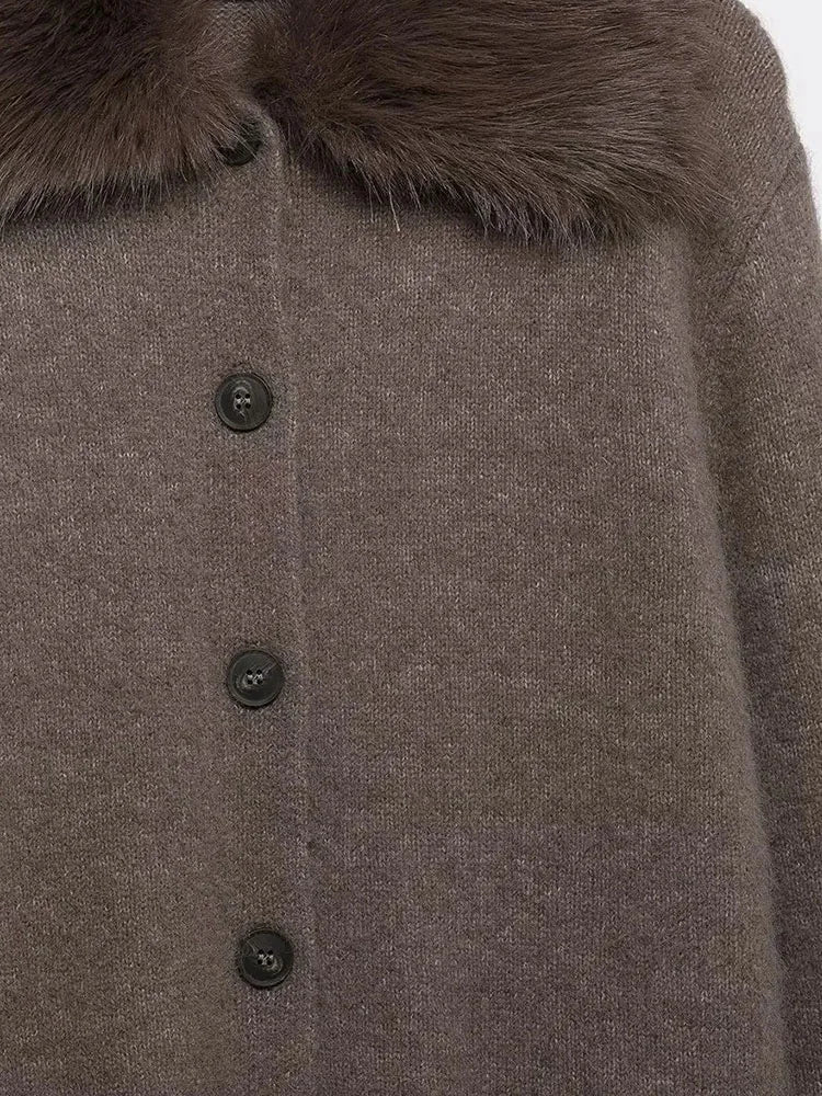 Women Autumn Winter Fashion Fall Vintage Patchwork Faux Fur Lapel Elegant Sweaters Single Breasted Knitwear Female Cardigans SwiftNest