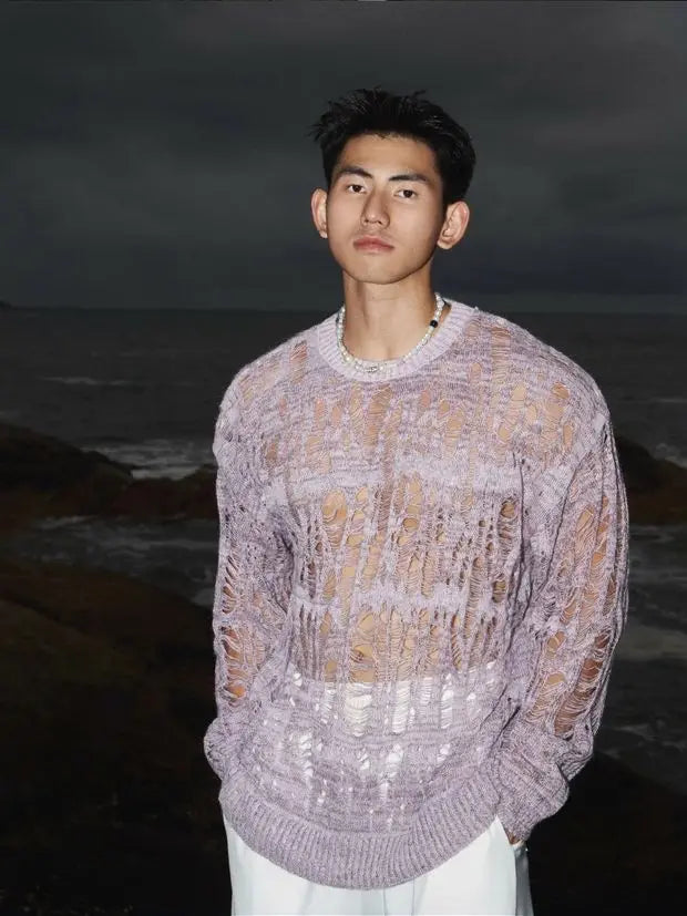 【 Fashion Items 】 Men's Laid-back Style Openwork Long-sleeved T-shirt , See-through Tattered Style Long-sleeved Knitted Sweater