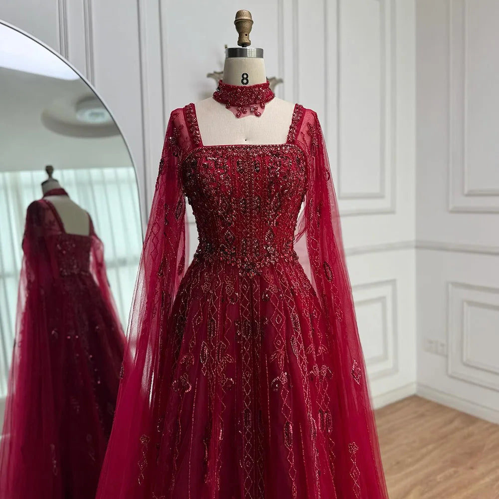 Serene Hill 2025 Arabic Nude A Line Cape Sleeve Crystal Beaded Luxury Evening Dresses Gowns Formal Occasion Customize BLA72764