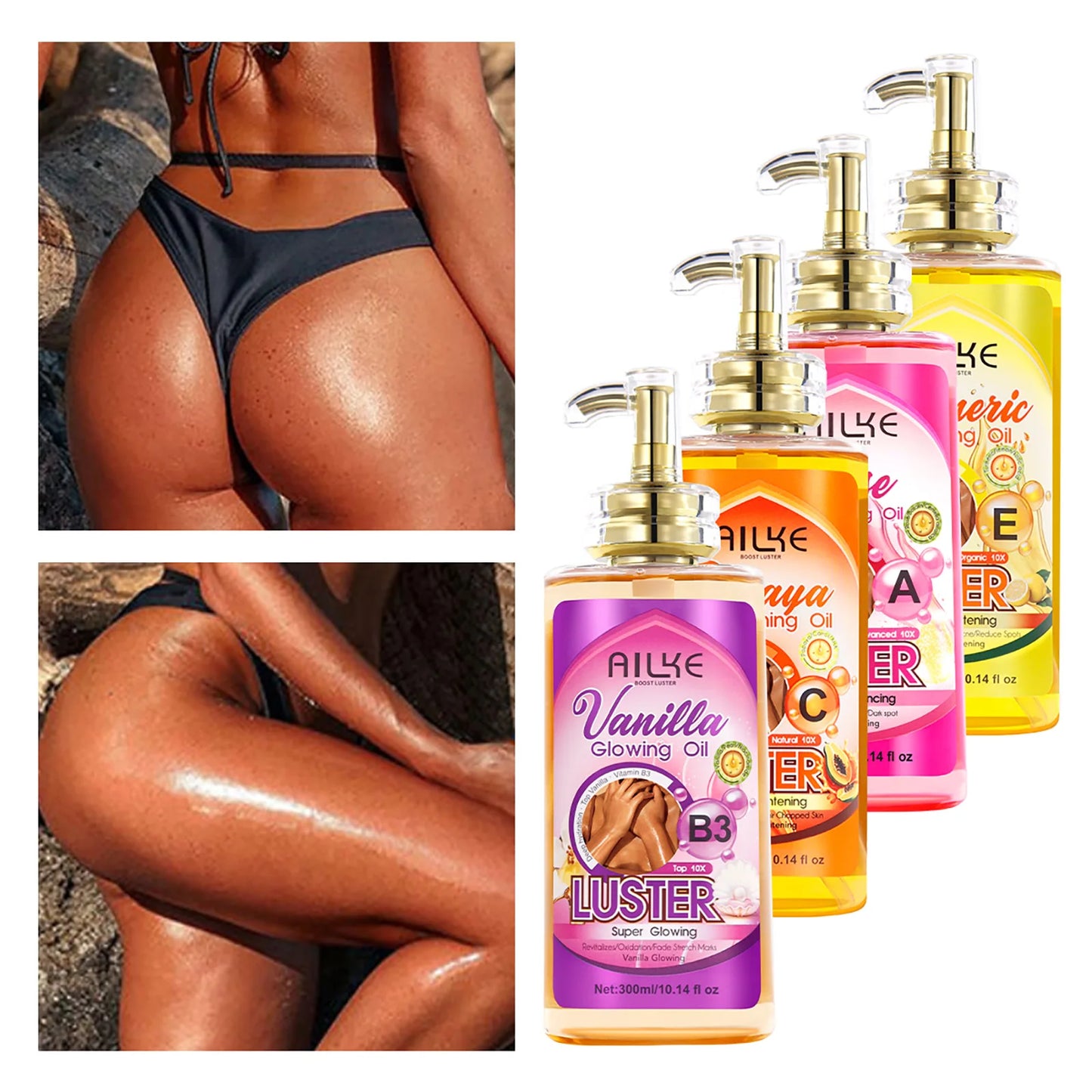 AILKE Whitening Body Oil, Moisturizing, Nourishing, Smooth Skin, Reduce Dark Spots, Suitable For All Skin Types, 300ml