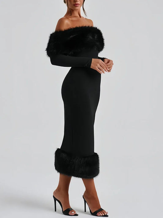 Women's clothing 2025 autumn and winter new fashion fur collar long sleeved temperament slim evening dress dress