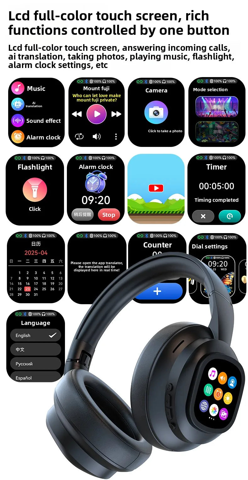 New HYUNDAI X1PRO Wireless Bluetooth 6.0 Headphone,AI Translation Earphones,100+Languages,With Magnetic Touch Control LED Screen