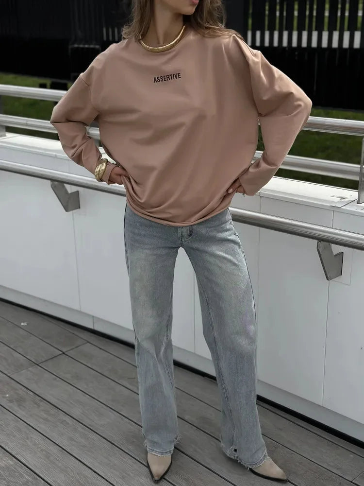 Women's Clothing Spring Loose Solid Color Round Neck Long Sleeve Tops Casual Fashion Simple Style All-match Trendy Comfortable