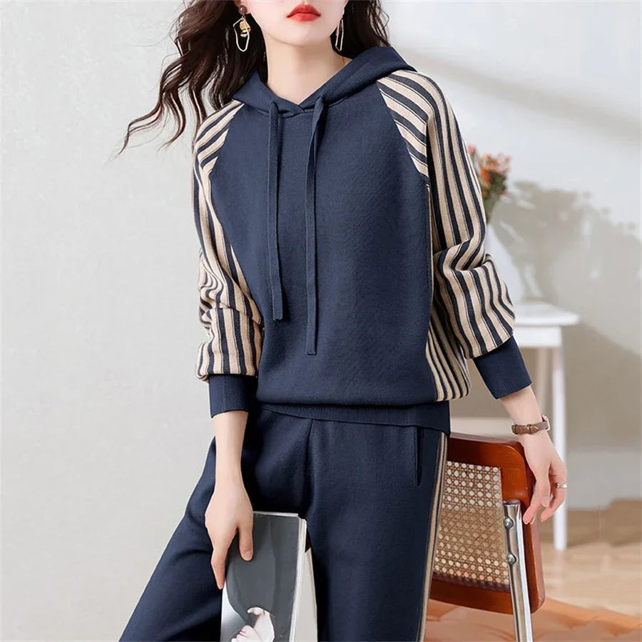 Fashion Autumn Women 2 Pieces Sets Casual Hooded Patchwork Loose Knitted Sweater Sports Harlan Pants Suits Winter Sportswear SwiftNest