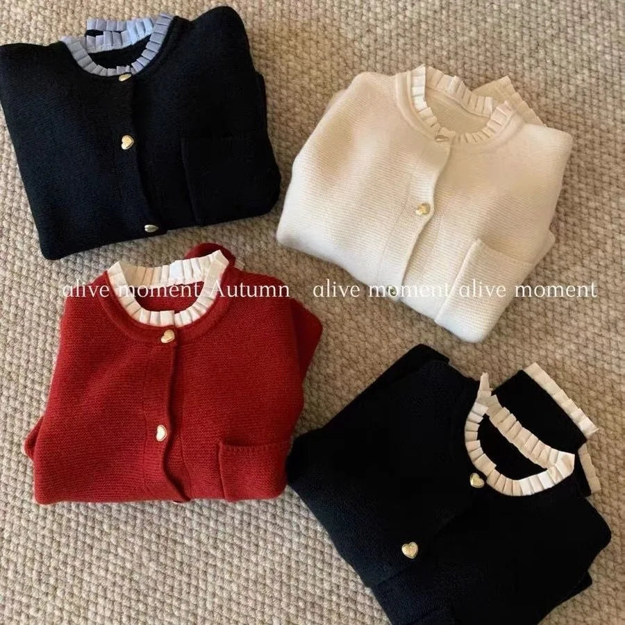 Women's Clothing 2025 Autumn New Love Button Knitted Cardigan Jacket Lazy Style Sweet Fashion Sweater Tops